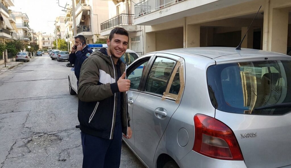 Ιδιοκτήτης Toyota Yaris χαμογελαστός δίπλα στο ανακτημένο αυτοκίνητό του στο Μενίδι, μετά τον εντοπισμό του μέσω της εφαρμογής StreetEye.