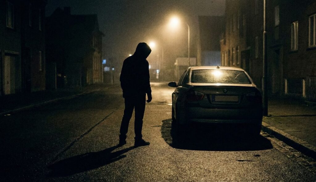 Σιλουέτα υπόπτου με κουκούλα που παρατηρεί παρκαρισμένο αυτοκίνητο τη νύχτα σε δρόμο της πόλης.