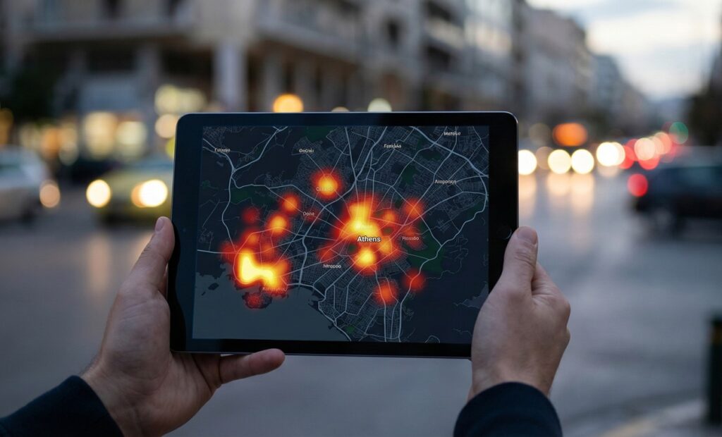Ψηφιακός χάρτης θερμότητας (heatmap) σε tablet που δείχνει τις περιοχές με τις περισσότερες κλοπές αυτοκινήτων στην Αθήνα.